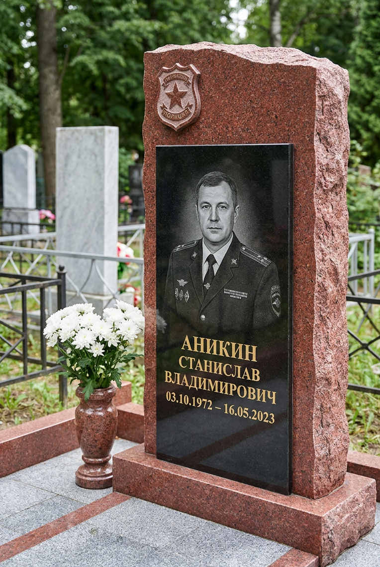 Пример дизайна: Памятник полицейскому из красного гранита со значком