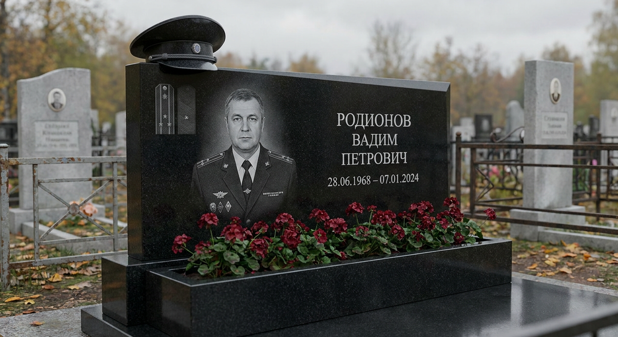 Пример дизайна: Памятник полицейскому — горизонтальная стела с фуражкой