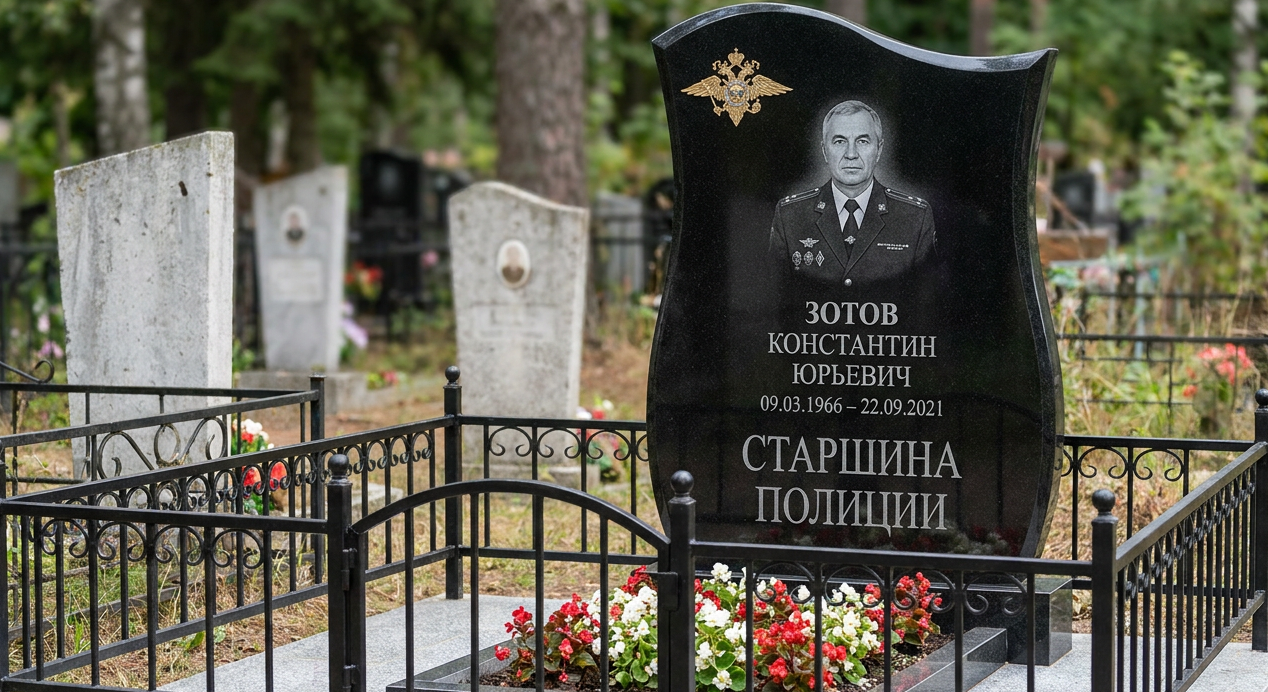 Пример дизайна: Памятник старшине полиции с эмблемой МВД