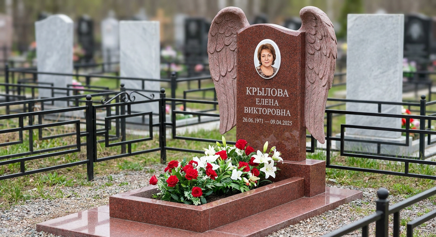Пример дизайна: Мемориал с крыльями ангела из красного гранита Leznikovsky