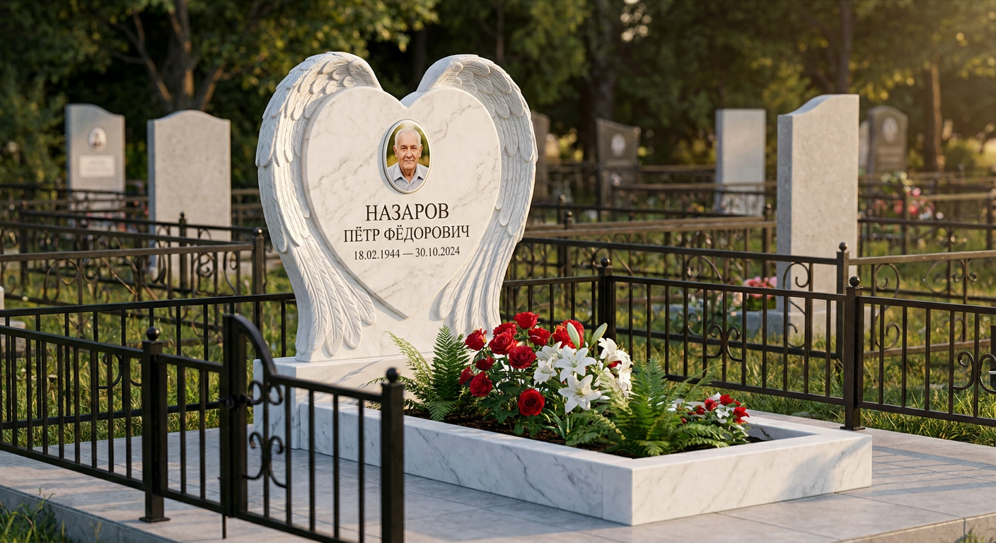 Пример дизайна: Мемориал с крылом ангела из белого мрамора
