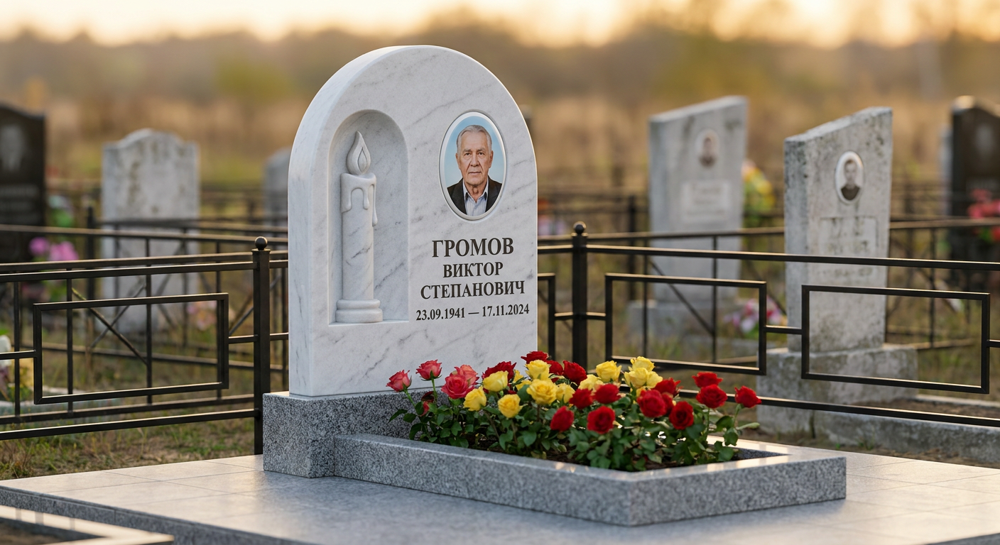 Пример дизайна: Мемориал с резной свечой и фотопортретом из белого мрамора