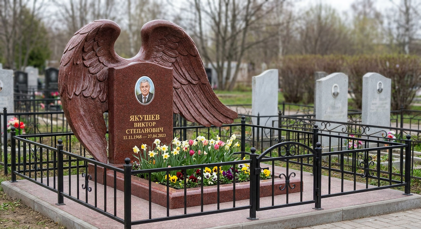 Пример дизайна: Памятник с крылом ангела из лезниковского гранита с фотопортретом