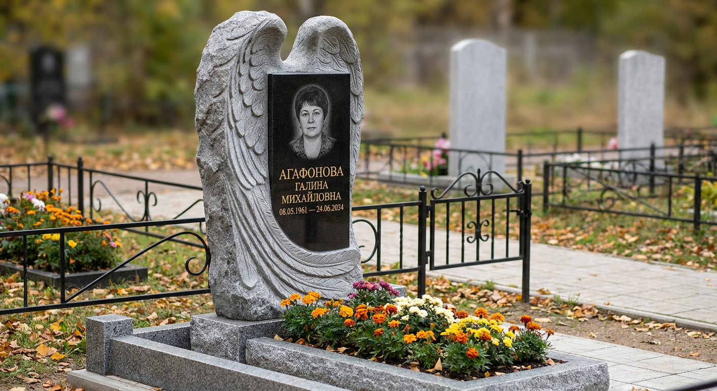 Пример дизайна: Мемориал с крылом ангела из мансуровского гранита