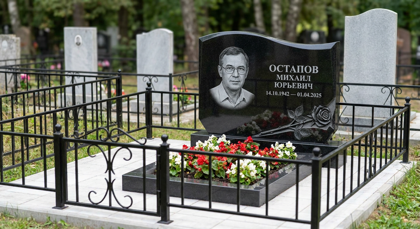 Пример дизайна: Памятник с розой из черного габбро-диабаза с волнообразным верхом