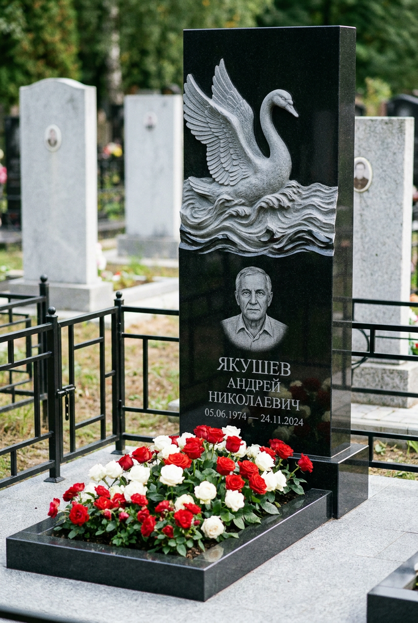 Пример дизайна: Памятник с лебедем в волнах из черного габбро-диабаза