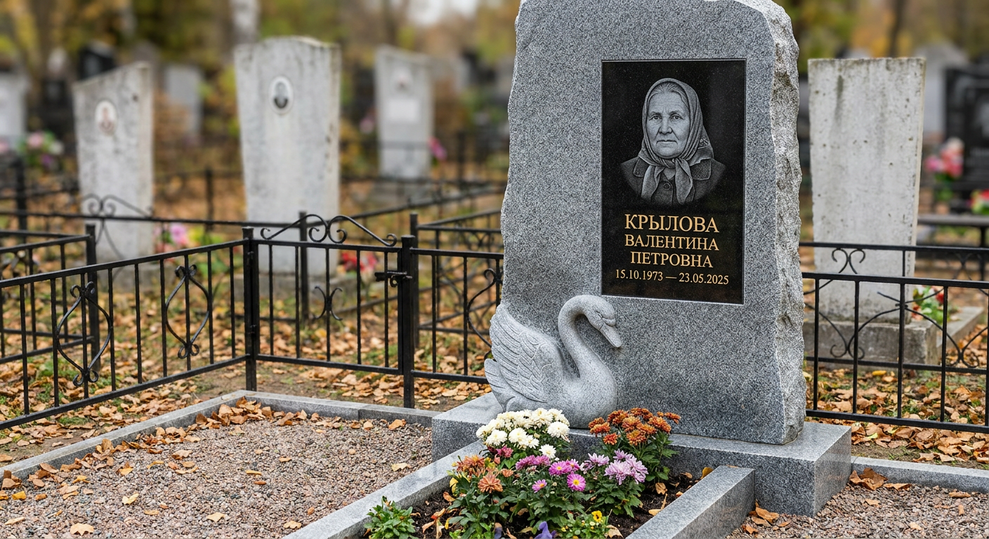 Пример дизайна: Памятник с лебедем из мансуровского гранита с глубокой фрезеровкой
