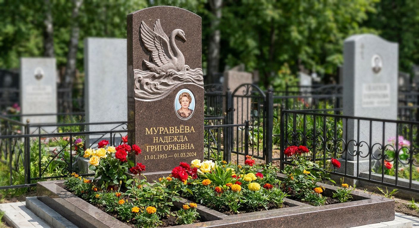 Пример дизайна: Памятник с лебедем в волнах из дымовского гранита