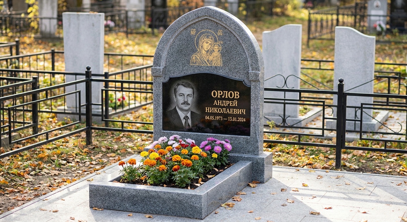 Пример дизайна: Гранитный памятник фигурной стелы с гравировкой берёзы — фото и цена