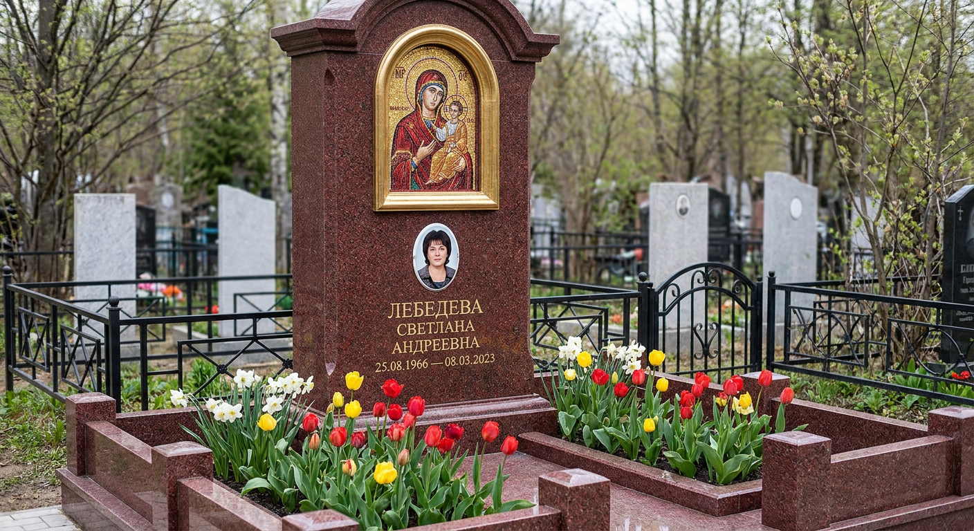 Пример дизайна: Гранитный памятник фигурный с крестом, цветником, оградой — фото и цена