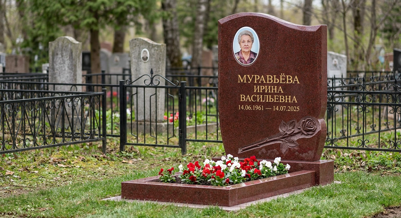Пример дизайна: Гранитный памятник из черного гранита с фигурным ограждением — фото и цена