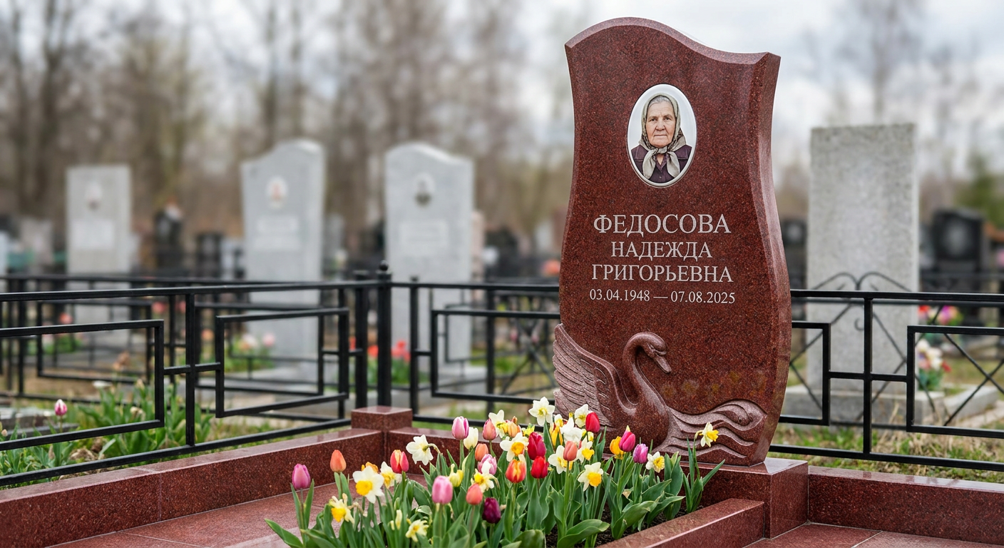 Пример дизайна: Памятник с лебедем из лезниковского гранита с волнообразной стелой