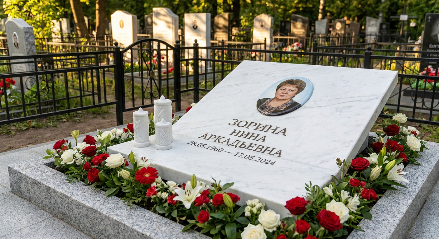 Пример дизайна: памятник с портретом и свечой из белого мрамора