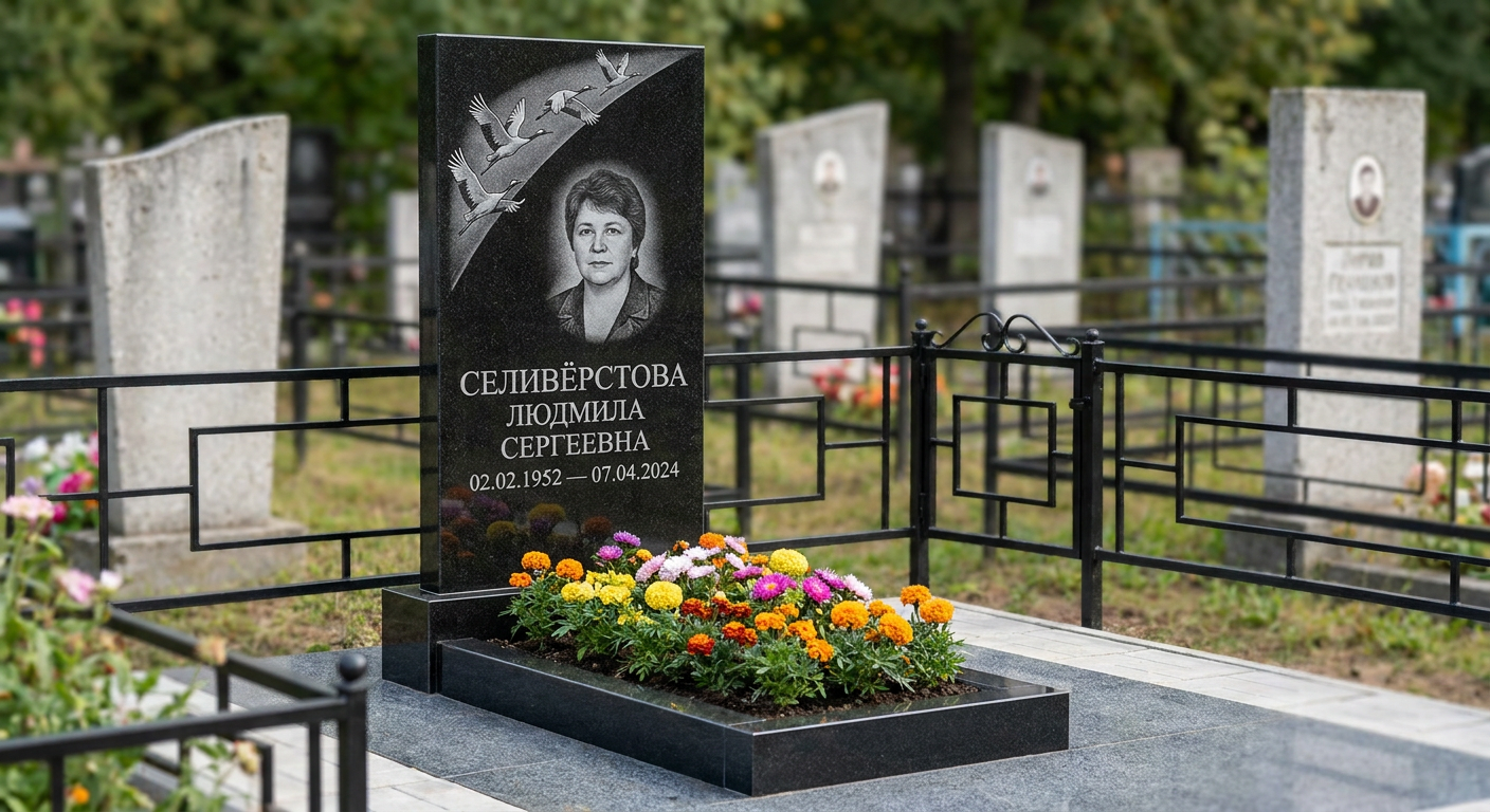 Пример дизайна: Памятник с журавлиным клином из габбро-диабаза с фотопортретом