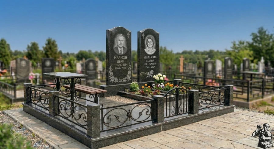 dvoynoy-pamyatnik-iz-granita-s-ogradoy-stolom-i-lavochko