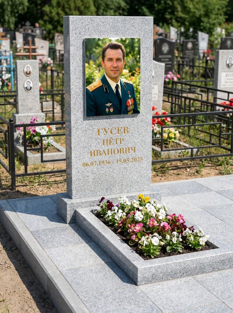 Портрет на памятнике в Хабаровске — Прямоугольник на гранитной стеле, ФИО и даты на портрете